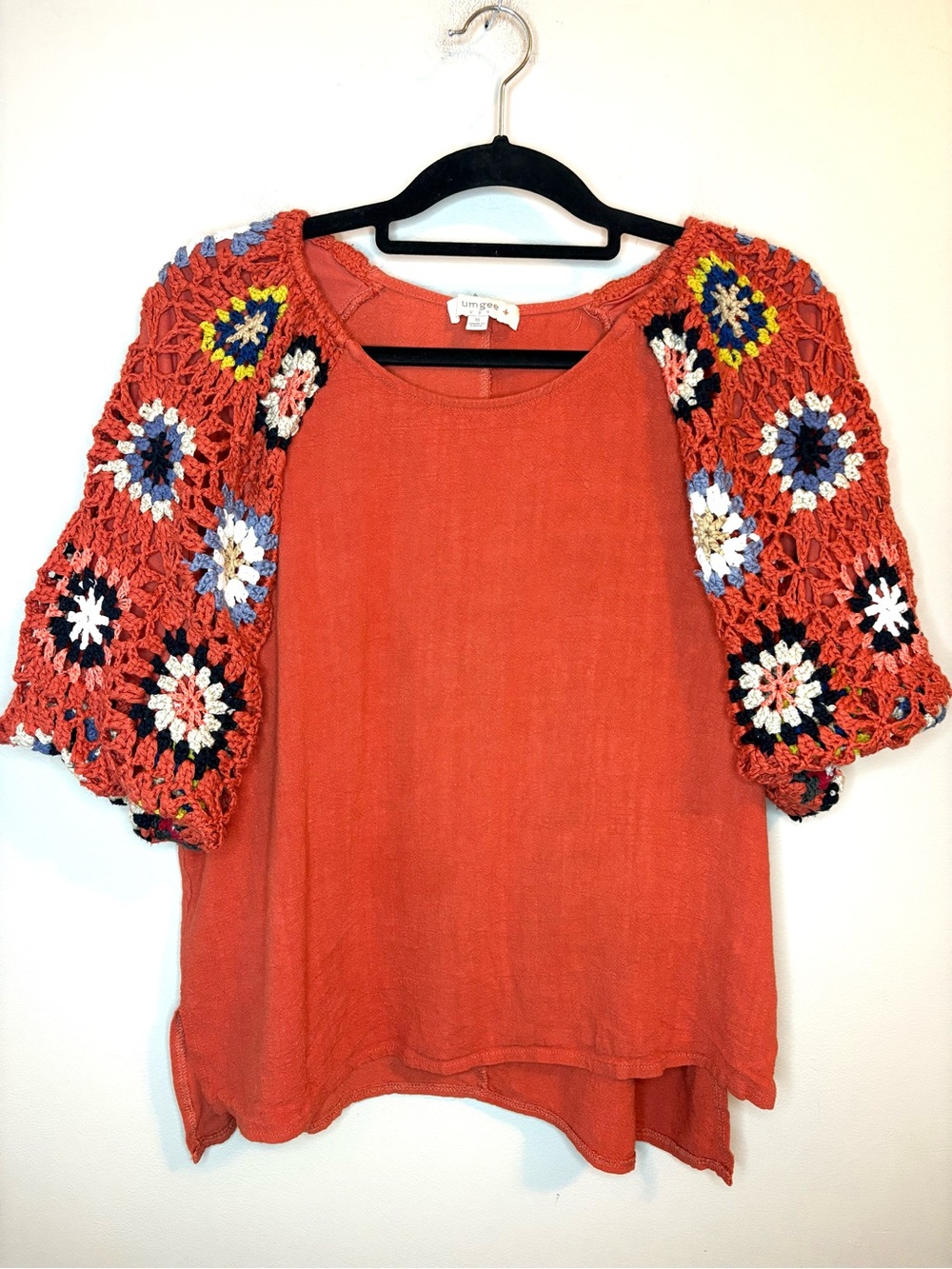 Umgee XL Rust Linen Blend Crochet Granny Square Sleeve Boho Top